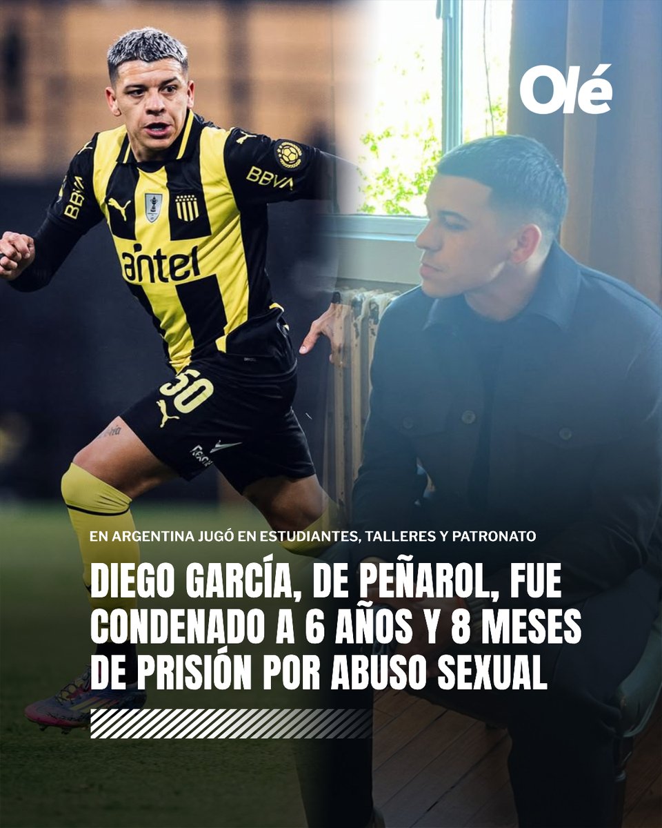 DiarioOle's tweet image. 🚨🇺🇾 DIEGO GARCÍA, CONDENADO A 6 AÑOS Y 8 MESES DE PRISIÓN POR ABUSO SEXUAL CON ACCESO CARNAL

El volante de Peñarol fue denunciado en 2021 por una jugadora de hockey de Estudiantes de La Plata y tendrá arresto domiciliario. 

Aunque el club platense le rescindió el contrato en…