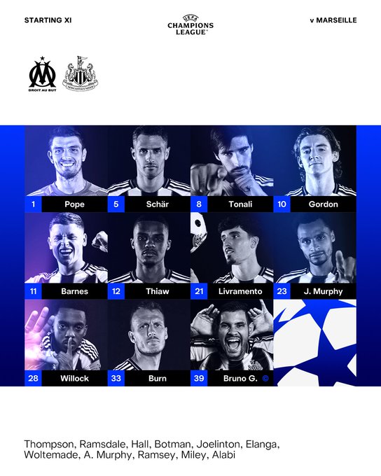 Starting XI v Marseille: Pope, Schär, Tonali, Gordon, Barnes, Thiaw, Livramento, J. Murphy, Willock, Burn, Bruno G. (C).