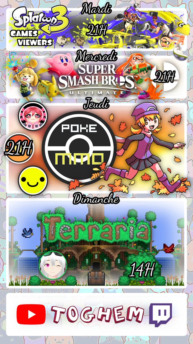 Planning du 24 au 30 novembre !!

Format assez traditionnel, on continue nos séries habituelles !!
Et il n'y aura pas de planning la semaine prochaine car je pars en Allemagne !!
Sur ce, bonne semaine à tous !!

#Splatoon3 #SmashBros #Pokemon #Nintendo #NintendoSwitch