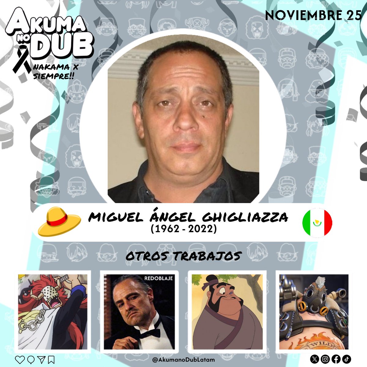 AkumanoDubLatam's tweet image. 🤍🌟 Nakama x Siempre!! 🌟🤍

El día de hoy conmemoramos el natalicio del magnífico actor, locutor y director 🇲🇽 Miguel Ángel Ghigliazza, quien en su paso por One Piece, dio voz al Vicealmirante Bastille en la Película One Piece: Estampida. 

#OnePiece #Doblaje #UnDiaComoHoy…