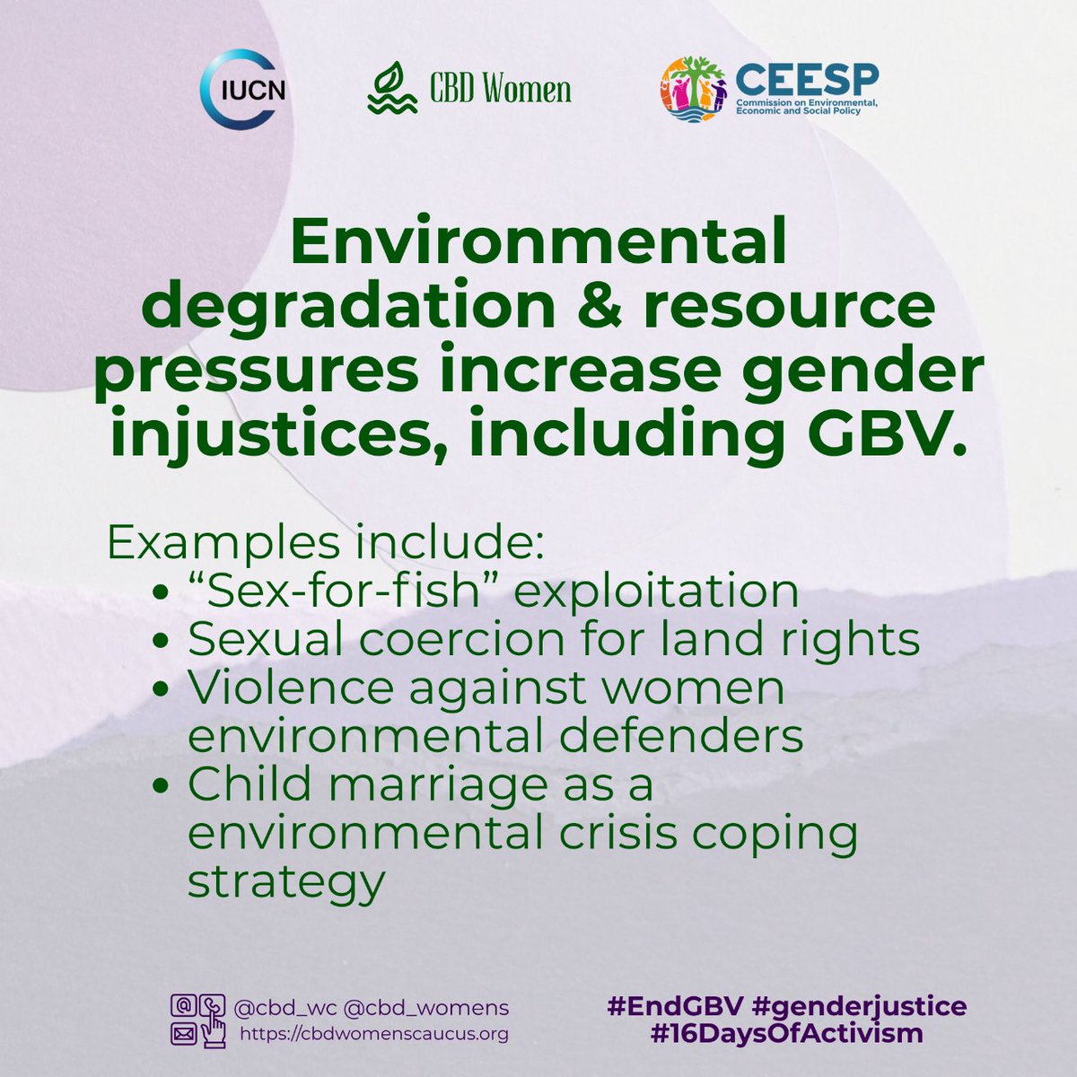 cbd_wc's tweet image. GBV is not only a social issue — it’s an environmental and human rights crisis. It appears across land rights, climate impacts, and extractive industries.
📘 Based on IUCN (Castañeda et al., 2020)
#16DaysOfActivism #EndGBV #GenderJustice #EnvironmentalJustice
