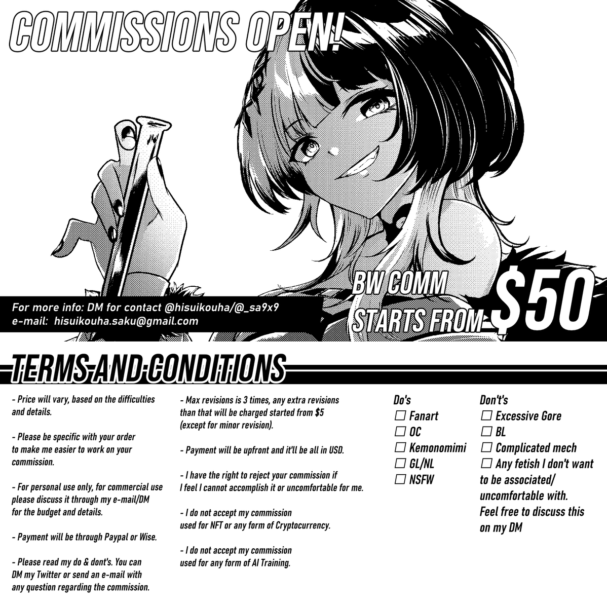 Hello, gonna need to open a quick BW Commission slots for this week!

DMs are open! Please read the terms and condition on this link, thank you~

RT and shares are really appreciated! 

https://t.co/BichudBD45
https://t.co/BjrxAKxk7N

#CommissionsOpen #VgenComm 