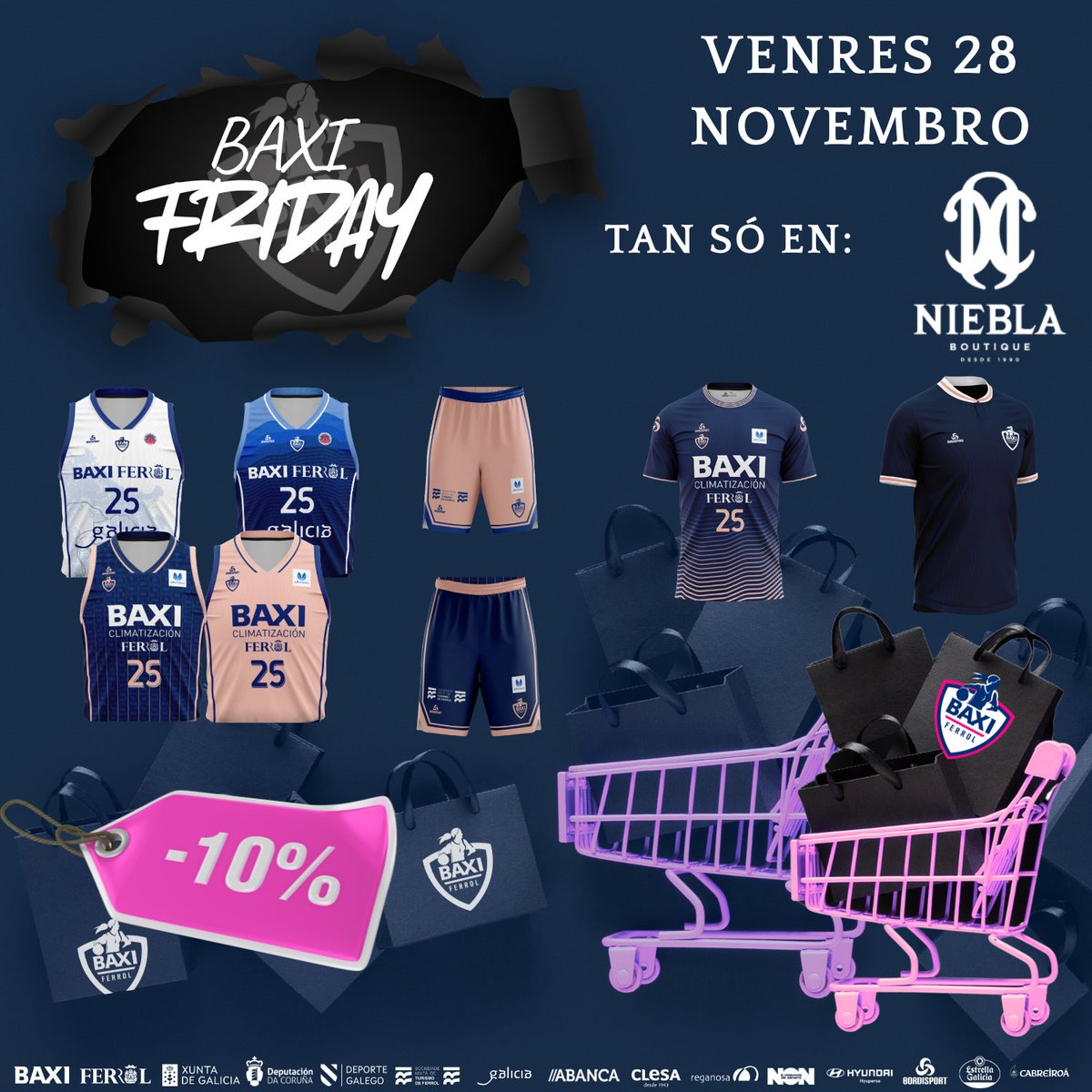 💥 Chega o BAXI Friday!

Este venres 28 de novembro goza dun 10% de desconto nunha selección especial de merchandising do BAXI 
Camisetas e pantalóns de xogo, cubres, polos ...🏀💙
Só dispoñible en Niebla Boutique.

Non perdas a oportunidade de vestir as cores do equipo!