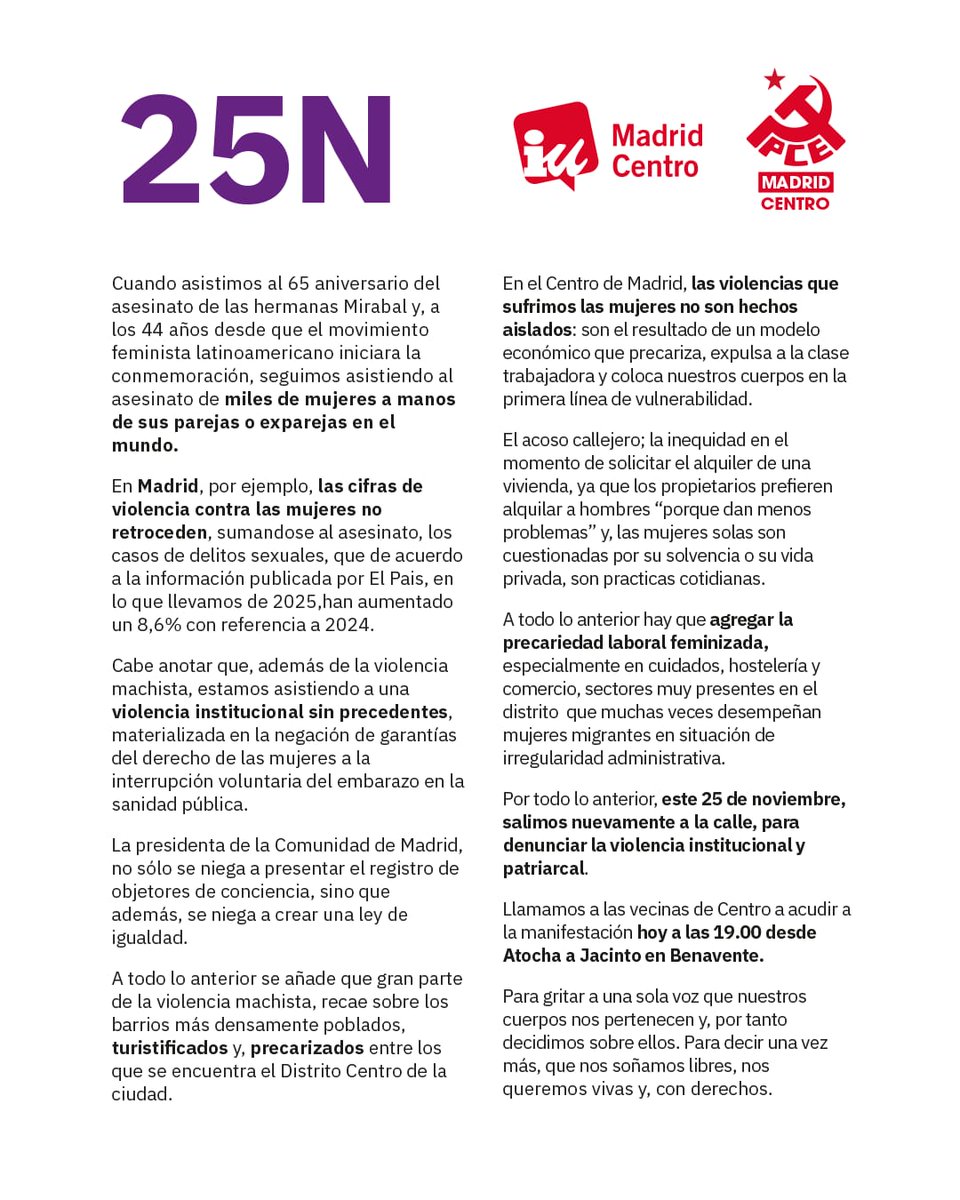 Comunicado conjunto con el <a href="/pcemadridcentro/">PCE Madrid Centro</a> con motivo del #25N.