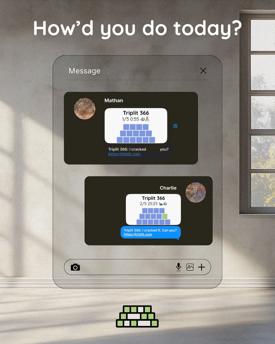 TriplitGame's tweet image. The real competition lives in your group chat! Flex your streak. Compare scores.

🧩 Tag your puzzle buddy

#Triplit #WordGame #DailyPuzzle #BrainTeaser #GroupChatEnergy