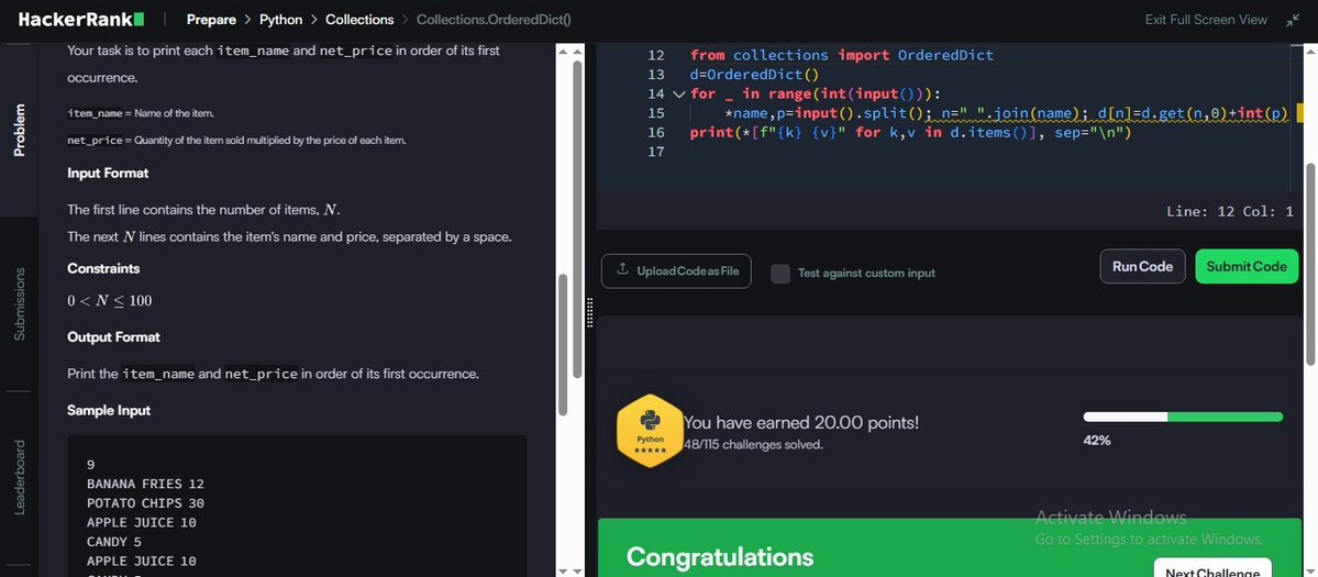 MRout75802's tweet image. Day 65/100 ✅
💡 Challenge: Collections.OrderedDict()
🔹 Learned how to maintain item order using OrderedDict
🔹 Processed supermarket items &amp;amp; summed repeated prices
🔹 Printed results in the order of first occurrence
#Python #100DaysOfCode #HackerRank #zigbee