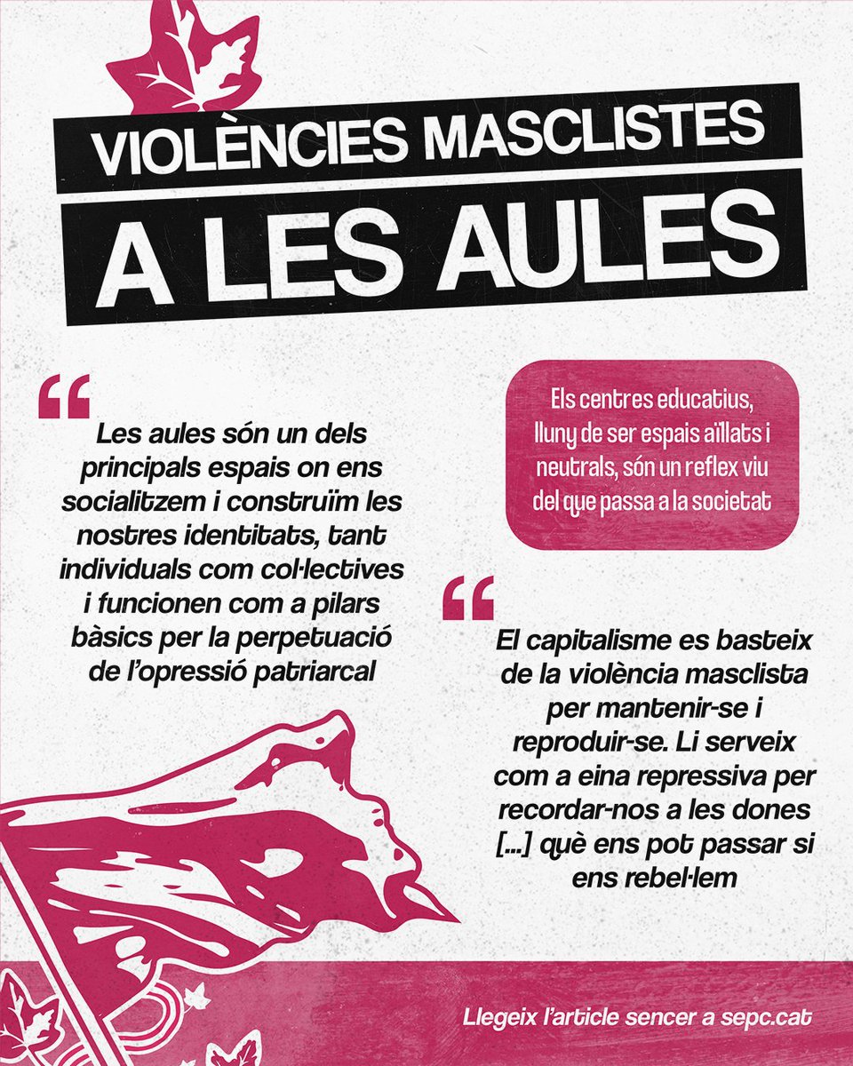 SEPC_nacional's tweet photo. 💥🌹 Aquest 25N posem en valor la importància d'organitzar-se en col·lectius feministes per combatre les violències masclistes als centres educatius. Per fer caure aquest sistema i destruir el patriarcat, fem florir el feminisme a les aules!

✍️ Article: https://t.co/vmH9IJDqti https://t.co/tczddBez3q