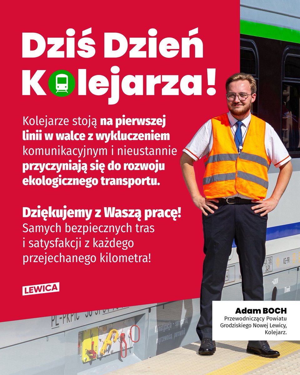 __Lewica's tweet image. 🚆 Dziś Dzień Kolejarza!

Kolejarze codziennie stoją na pierwszej linii w walce z wykluczeniem komunikacyjnym – łączą miasta, miasteczka i wsie, dbają o ekologiczny transport i bezpieczeństwo podróży milionów ludzi.

Dziękujemy Wam za Waszą pracę i życzymy samych zielonych…
