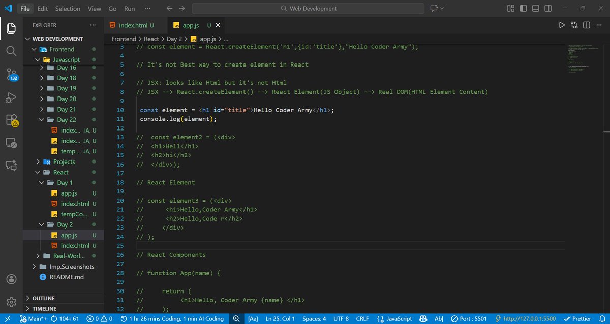 MananCodes123's tweet image. 🚀Day 54  #CoderArmy
Learnt JSX today, explored how Babel ⚙️ converts it into React-ready code,
and understood React Components ⚛️ just reusable UI functions!
Feels great to level up bit by bit 🚀🔥
#ReactJS  #BuildInPublic  @rohit_negi9