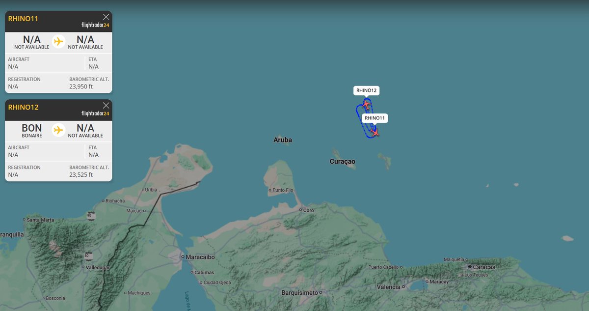 Two F/A-18E Super Hornets, (RHINO11) and (RHINO12), assigned to Carrier Air Wing Eight (CVW-8) onboard the USS Gerald R. Ford (CVN-78), are currently up over the Southern Caribbean, likely alongside a number of unseen aircraft, orbiting only around forty miles to the northeast of