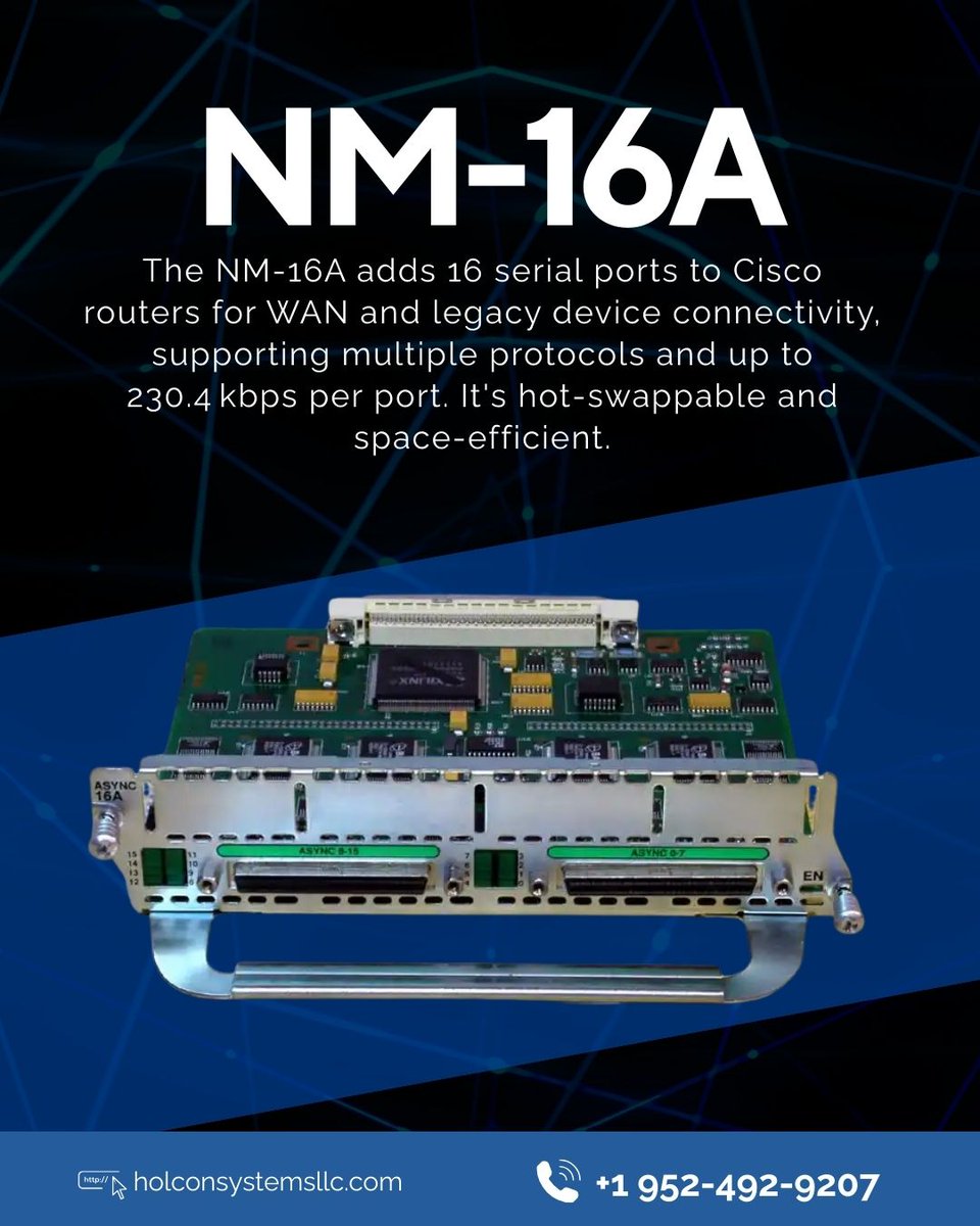 exciscokit's tweet image. Maximize your Cisco router capabilities with the NM-16A Network Module. 

This powerful module adds 16 high-density serial ports, essential for robust WAN and legacy device connectivity. 

#holconsystems #networkingsolutions #ithardware #networkefficiency  #businessconnectivity