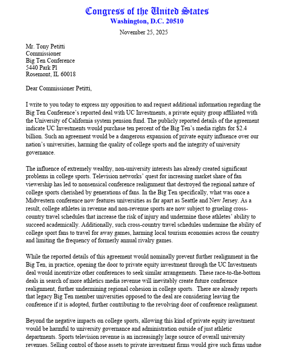 bportnoy15's tweet image. Haley Stevens (D-MI) sent a letter to the Big Ten raising concern w/ the UC Investments deal.

&quot;These race-to-the-bottom deals in search of more athletics media revenue will inevitably create future conference realignment, further undermining regional cohesion in college sports.&quot;