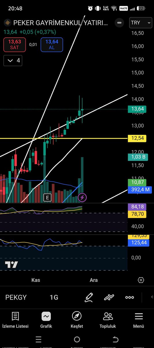 #PEKGY 14 üstünü iki defa gördük. Destek ve eşleşme seansı maceraları devam ediyor. Beyaz çizgimiz kırılırsa kar satışı ile kendisine bir süre ara veririz. Üstünde kaldıkça takip edilebilir.