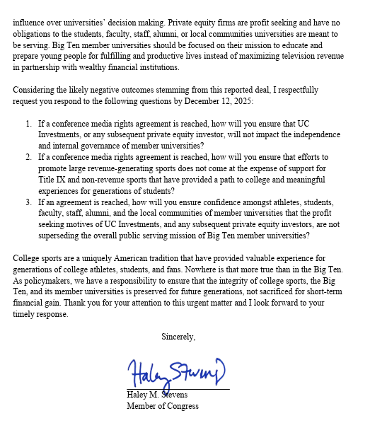 bportnoy15's tweet image. Haley Stevens (D-MI) sent a letter to the Big Ten raising concern w/ the UC Investments deal.

&quot;These race-to-the-bottom deals in search of more athletics media revenue will inevitably create future conference realignment, further undermining regional cohesion in college sports.&quot;