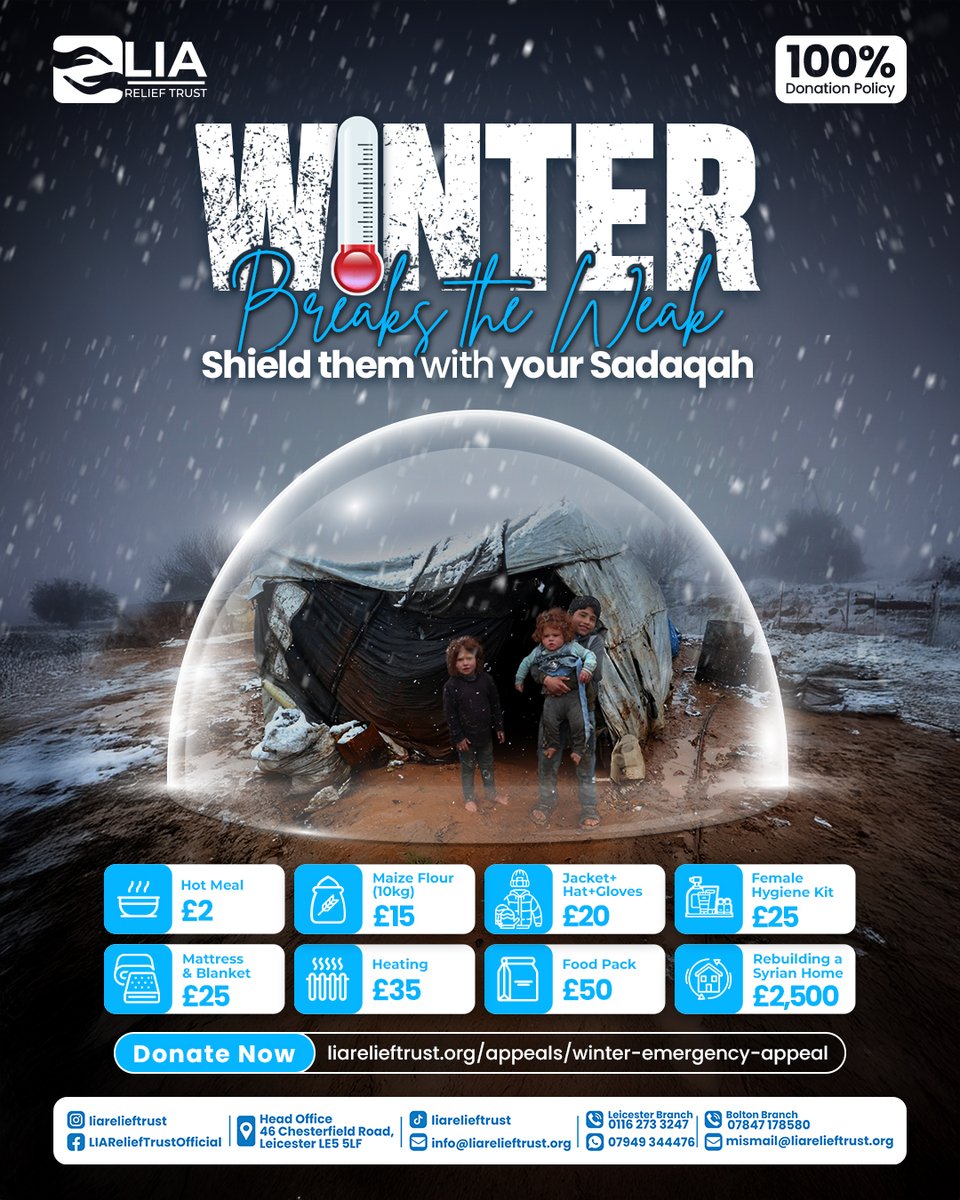 LIAReliefTrust's tweet image. These children shouldn’t have to battle winter alone.

Your Sadaqah can give warmth, safety, and hope when the cold takes everything else.

One act of mercy can change their winter. 
Donate Today : liarelieftrust.org/appeals/winter…

#LIArelieftrust #Humanitarianaid  #Donate