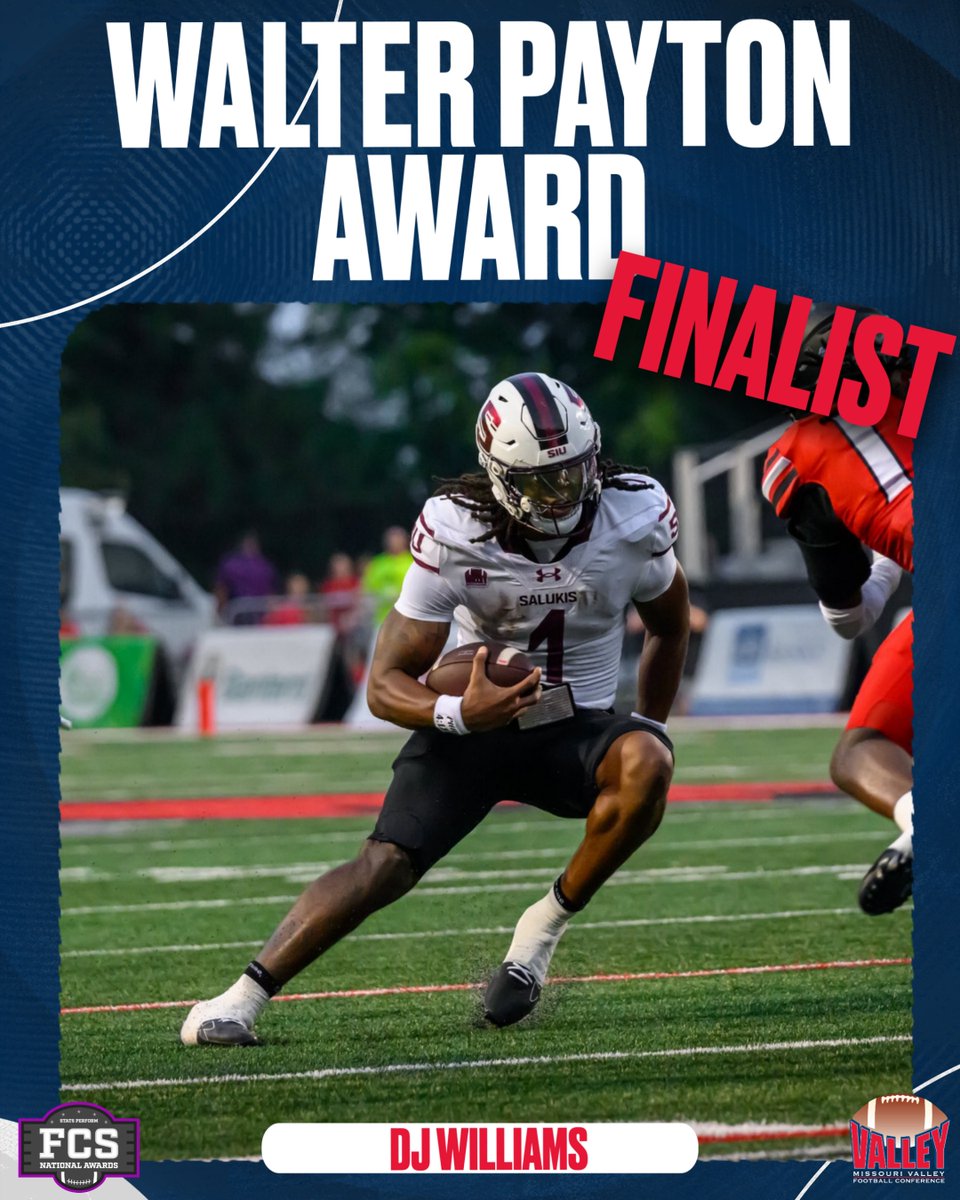 Standout season 💯 

Congrats to DJ Williams for being named a Walter Payton Award finalist!

#ValleyFootball x #FCS x <a href="/SIU_Football/">Saluki Football</a> x <a href="/King__dj___/">DJ😈🏈</a>