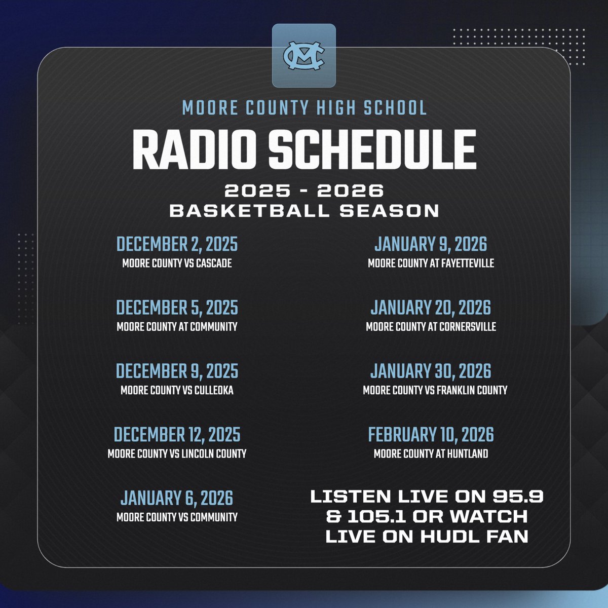 MooreNetwork's tweet image. The Moore County High School Basketball season is approaching. Here are the games scheduled to be covered on Raider County 105.1 &amp;amp; 95.9.

Additionally, all games (barring any changes) will be streamed live on Hudl Fan.