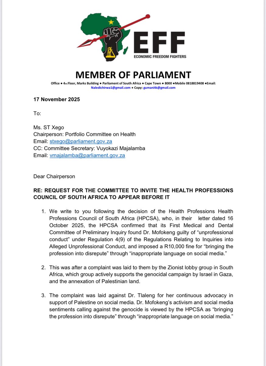 NalediChirwa's tweet image. We wrote to the chair of the committee requesting that HPCSA be summoned to our committee following their reckless conduct fining @drtlaleng for her activism for Palestine. They will be appearing in our committee tomorrow morning. If they ate Zionist money, they must vomit it.
