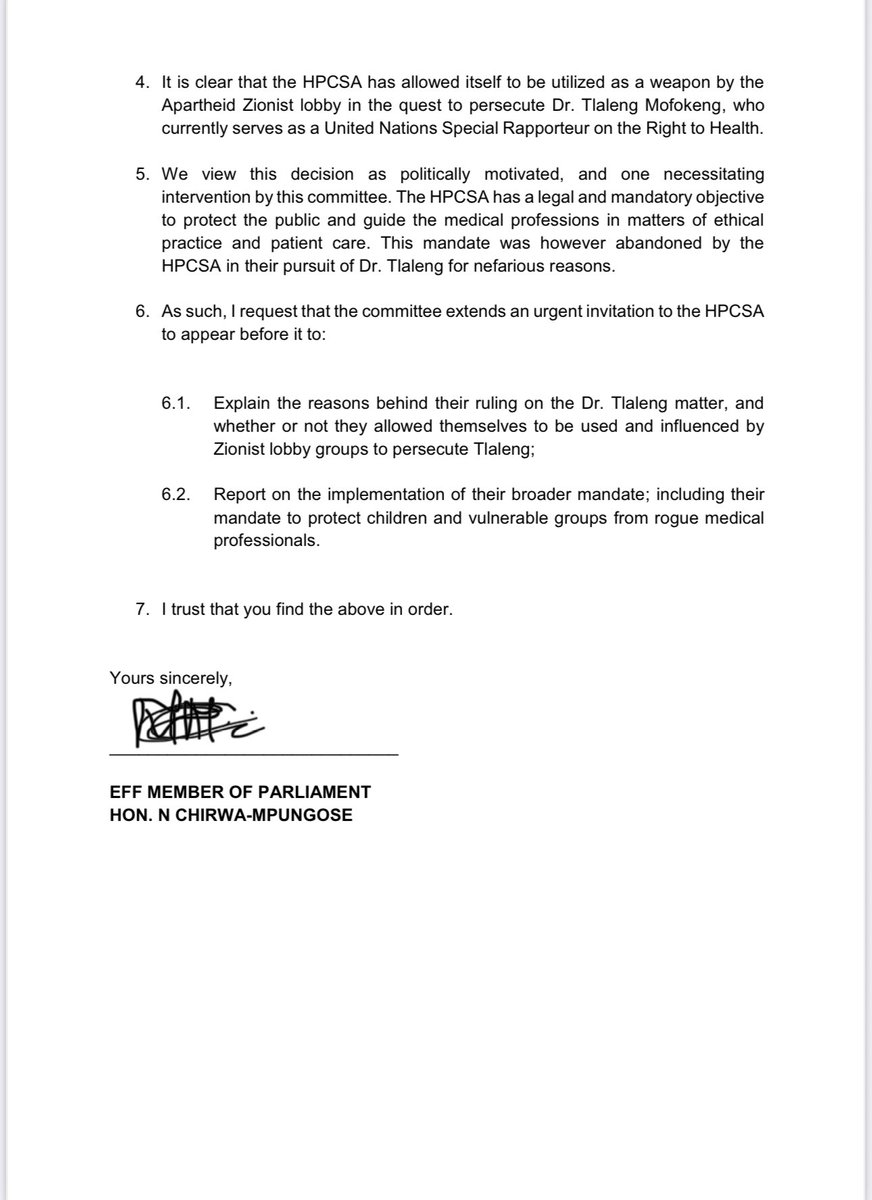 NalediChirwa's tweet image. We wrote to the chair of the committee requesting that HPCSA be summoned to our committee following their reckless conduct fining @drtlaleng for her activism for Palestine. They will be appearing in our committee tomorrow morning. If they ate Zionist money, they must vomit it.