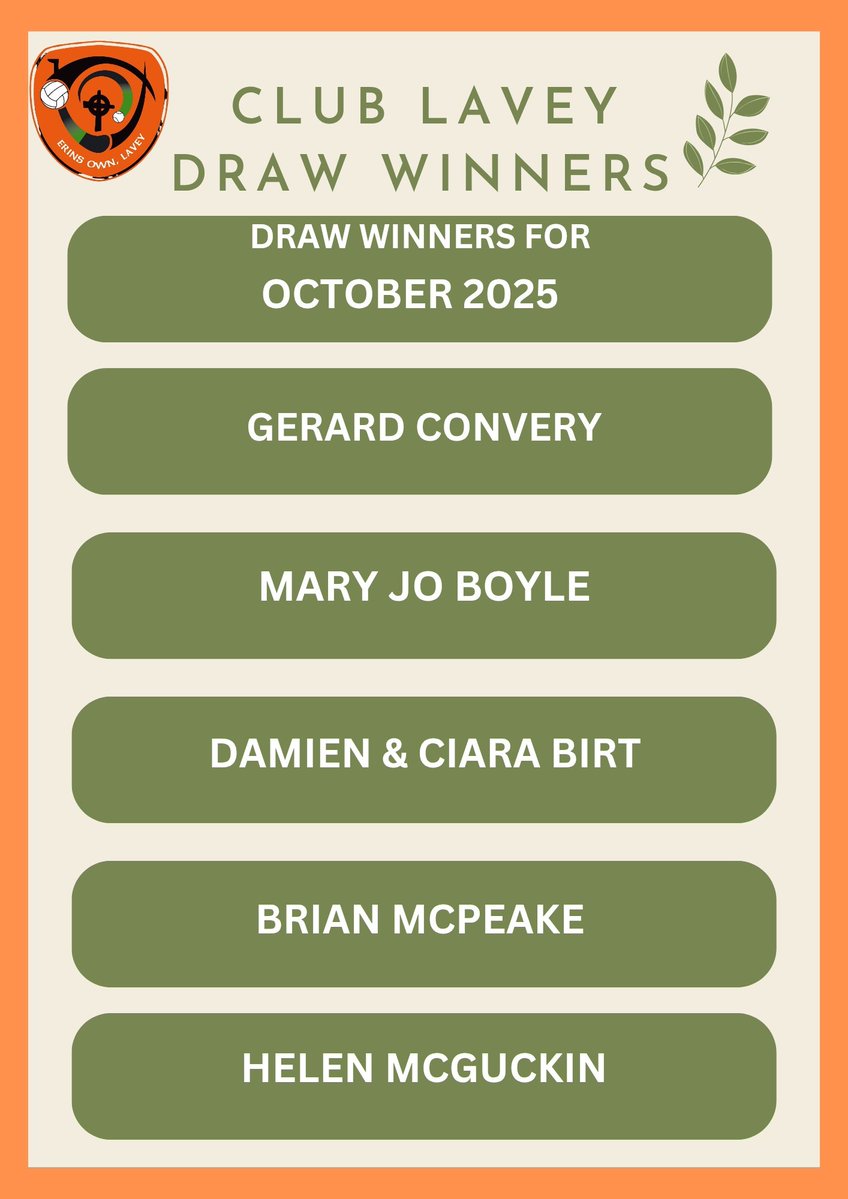Club Lavey draw winners for August, September &amp; October 🧡🖤

Congratulations to all the winners. Cheques will be available for collection in Lavey Centre. Thank you for your support.