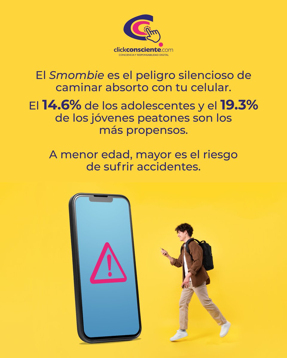 ClickConsciente's tweet image. ¿Carriles Smombie? El problema es REAL: 1 de cada 3 peatones interactúa con su celular al caminar. El riesgo es tal que ciudades ya tienen “carriles exclusivos” y “señales de tránsito” para ellos. ¡Sé responsable y guarda el móvil!

#Smombie #Peatón #RiesgoVial #ClickConsciente