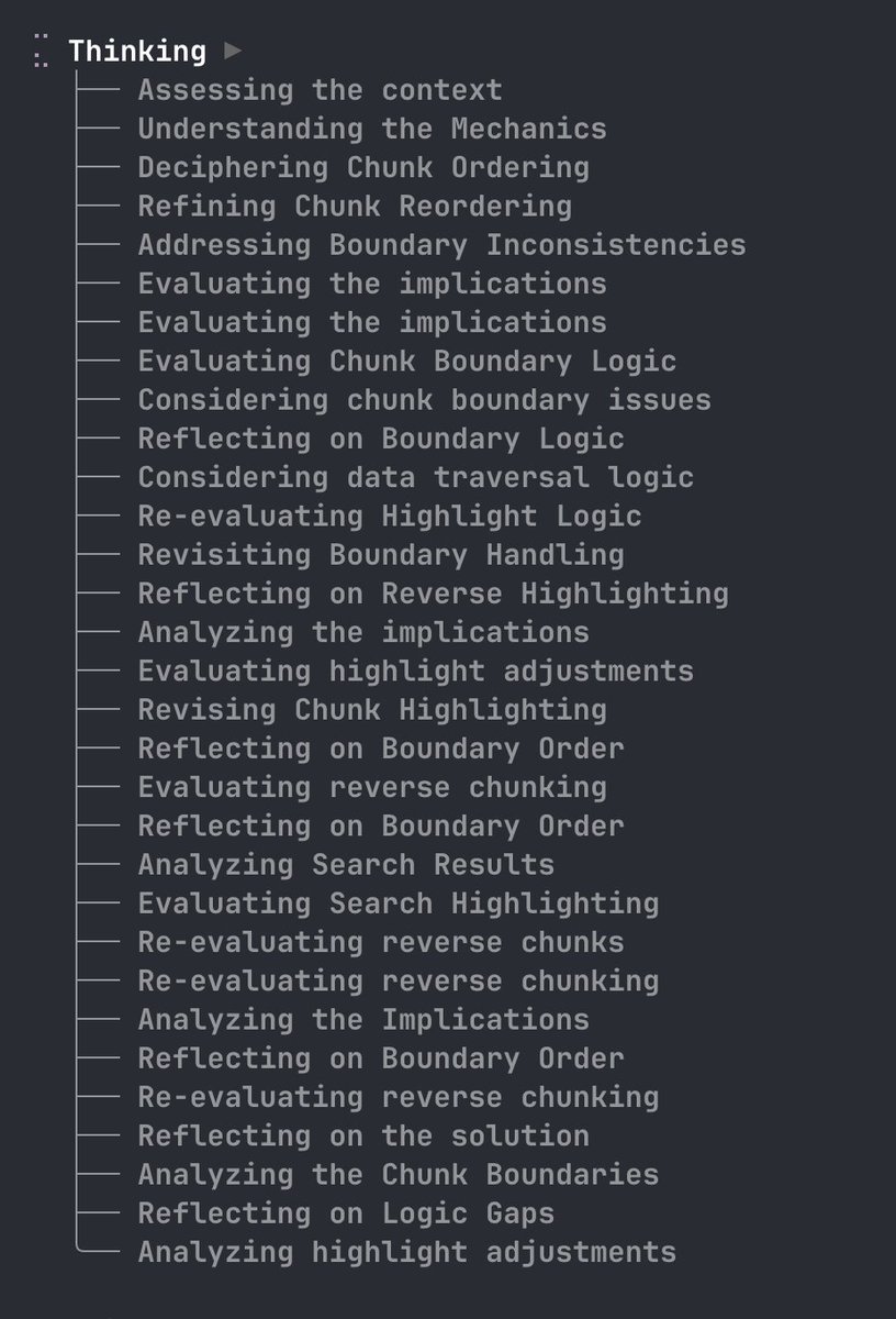 mitchellh's tweet image. Look at this death spiral Gemini got into. I never saw stuff like this with Opus. It continued thinking like this for another dozen or so lines too, over 10 minutes and 200K tokens.