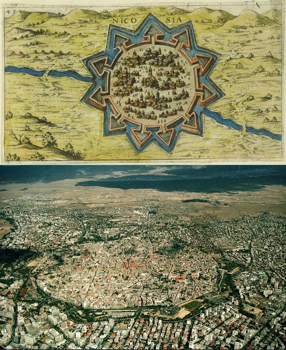 A 16th century map of Nicosia, Cyprus and the city from above today