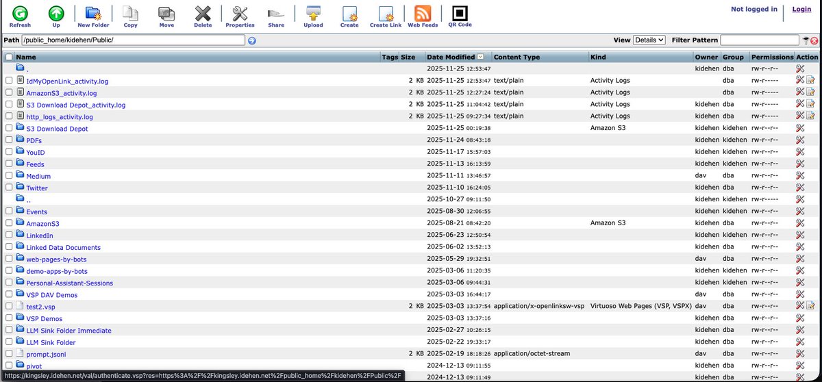 kidehen's tweet image. The Virtuoso WebDAV-based filesystem has been running transparently since its creation around 2000. Now, in the age of AI and AI Agents, the value of a robust, universal filesystem is easier than ever to appreciate. We’re even planning to build DETs for vector-storage services…