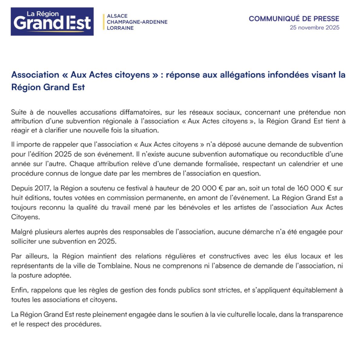 Association « Aux Actes citoyens » : réponse aux allégations infondées visant la Région Grand Est.