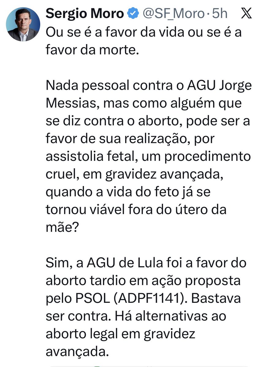 roberta_bastoss's tweet image. Sérgio Moro decidiu mais uma vez distorcer fatos para tentar se apresentar como defensor da vida. 

O problema é que nada do que ele insinua corresponde à realidade. 

Jorge Messias não defendeu aborto tardio nem a morte de fetos viáveis. 

Essa narrativa é apenas mais uma…