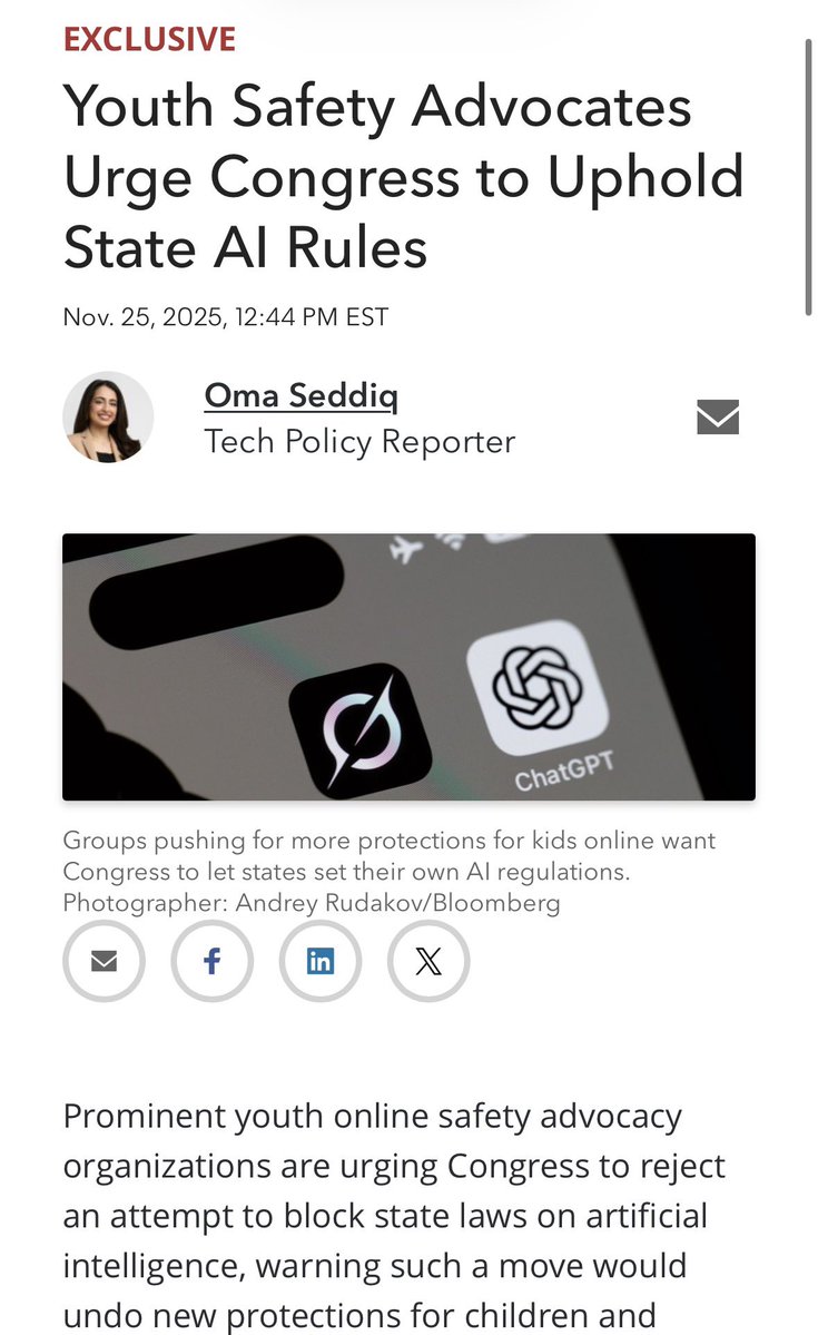 zamaan_qureshi's tweet image. NEW: We sent a letter to Congressional Armed Services leadership alongside @EncodeAction, ParentsRISE, and @ncypalliance urging them to reject AI preemption in a defense package.

Over 2000 people signed on from all 50 states including youth advocates and survivor parents.