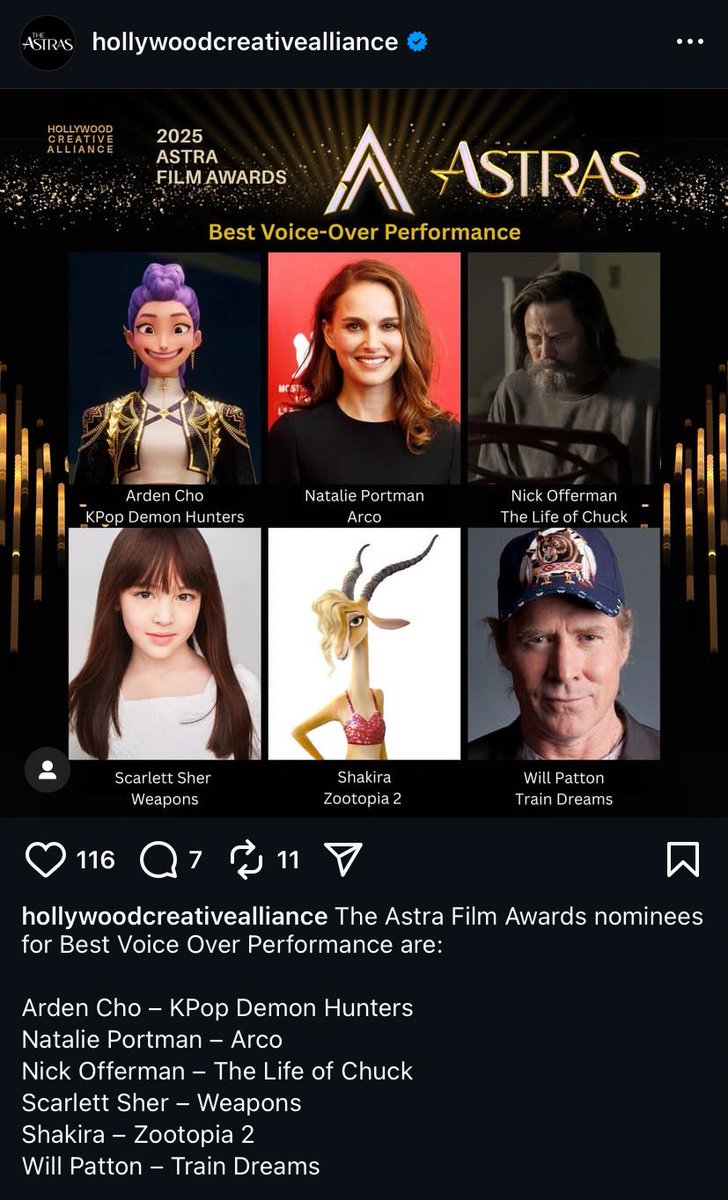 danipal20's tweet image. 🚨 .@shakira has been nominated to an &quot;ASTRA award&quot; for Best Voice Over Performance with &apos;Zootopia 2&apos;. 

🔗 goldderby.com/film/2025/astr…