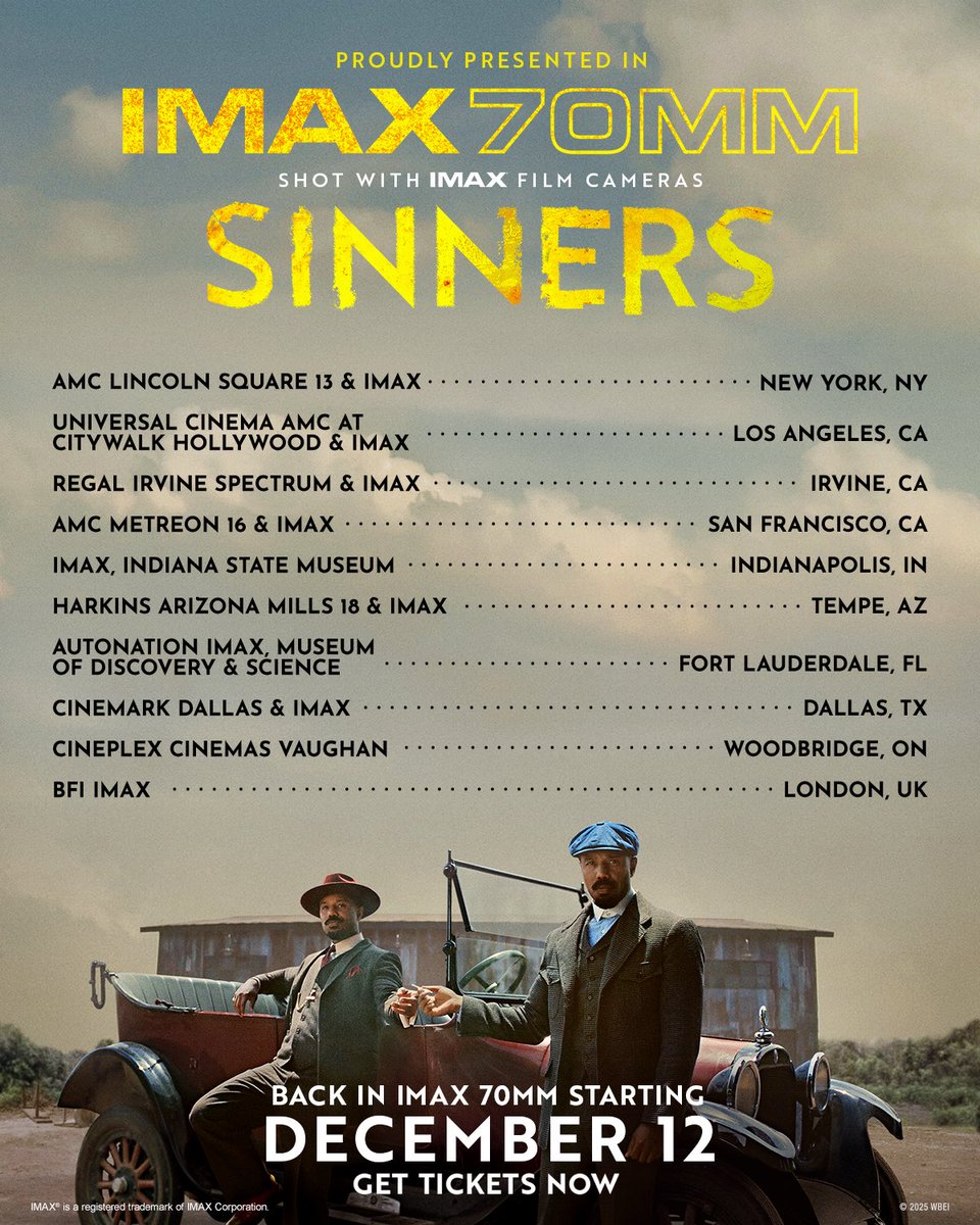 DiscussingFilm's tweet image. ‘SINNERS’ and ‘ONE BATTLE AFTER ANOTHER’ will both be re-released in IMAX 70mm theaters on December 12.