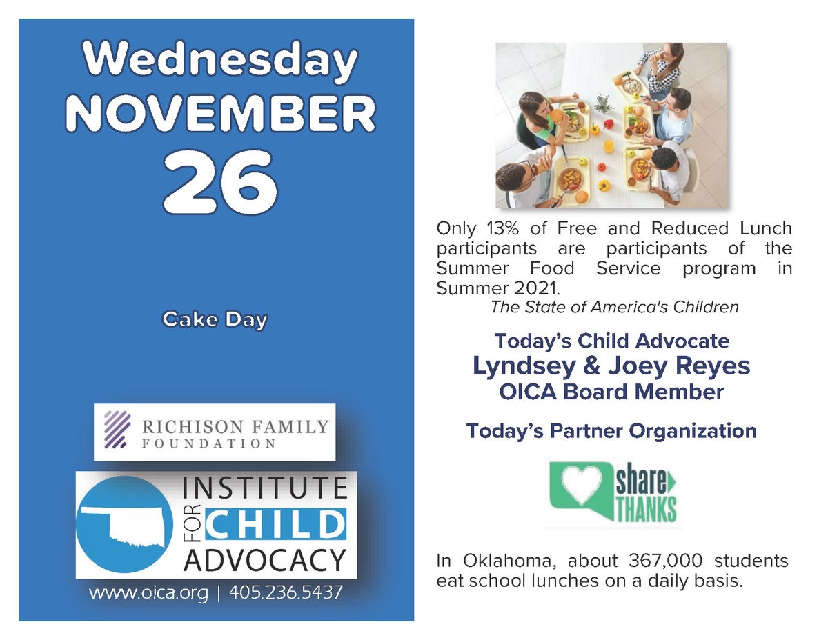 It's #CakeDay! Only 13% of Free &amp; Reduced Lunch participants were also participants in the Summer Food Service program in Summer 2021. Today's child advocates are Lyndsey &amp; Joey Reyes. Our partner organization is ShareTHANKS.