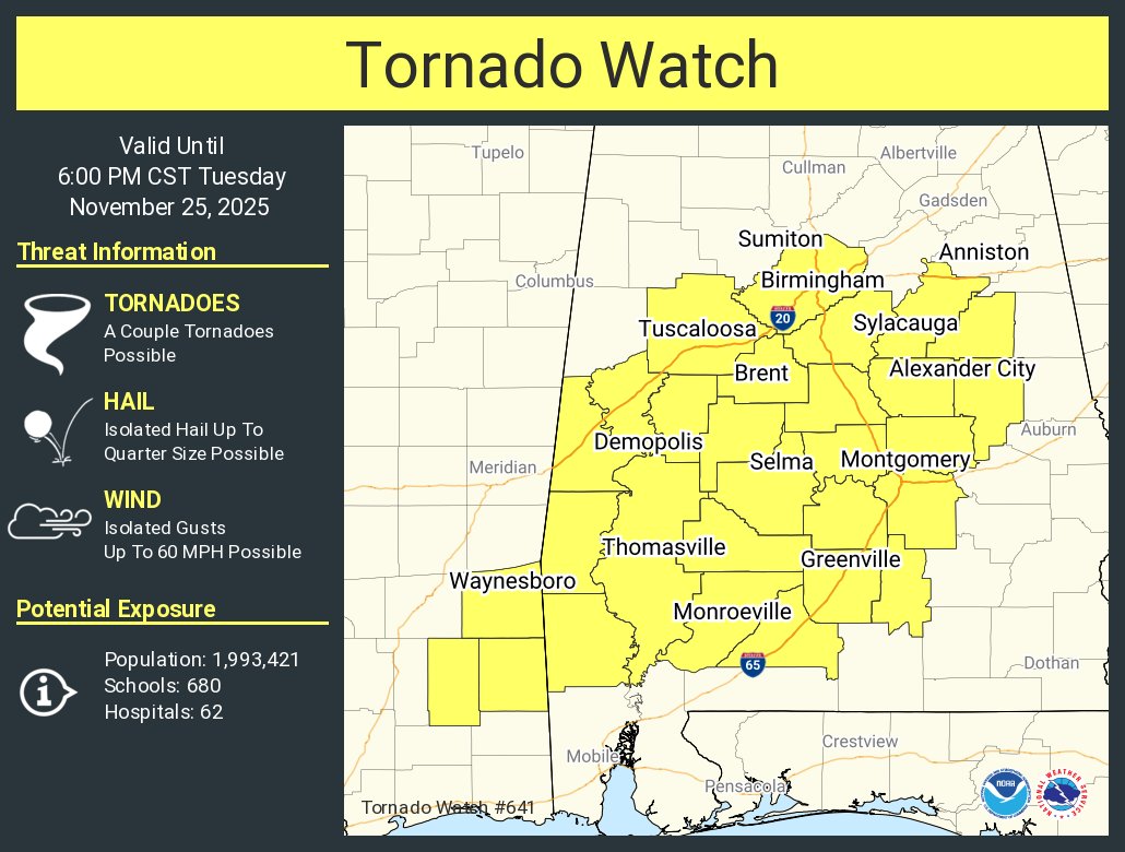 NWStornado's tweet image. A tornado watch has been issued for parts of Alabama and Mississippi until 6 PM CST