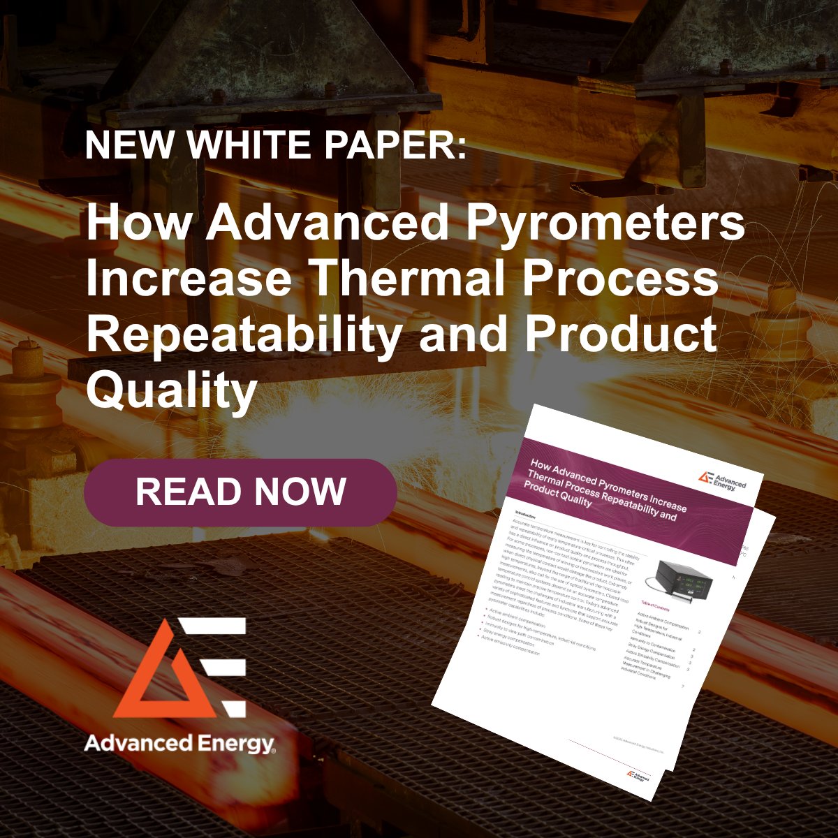 AdvEnergy's tweet image. Accurate temperature control is essential for repeatability and product quality. Our new white paper shows how advanced pyrometer technologies maintain precision even in harsh, high-temperature industrial conditions. Download it now bit.ly/488jkTM