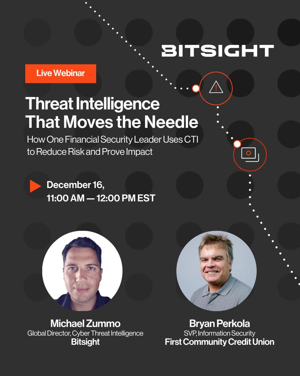 Bitsight's tweet image. Join Bitsight &amp;amp; First Community Credit Union to learn how lean security teams turn CTI into measurable outcomes. December 16th @ 11 AM ET — Register now: ow.ly/AJ5h50XwALL

#CyberSecurity #ThreatIntelligence #BitsightWebinar