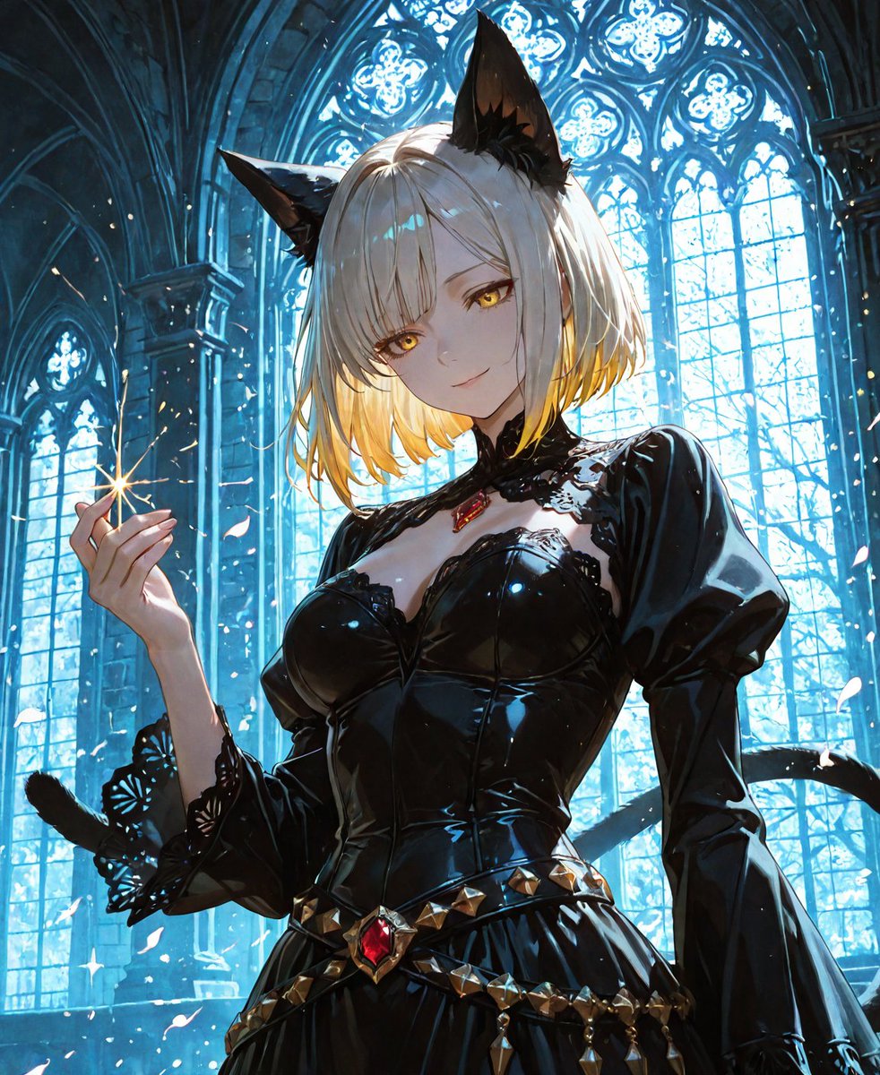 j0rd0n's tweet image. The quiet hall shimmered softly around her, stirred by drifting petals and magic.