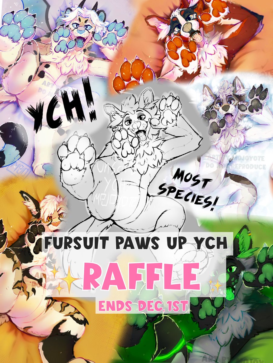 MojoYote's tweet image. FURSUIT PAWS UP⬆️ YCH ✨RAFFLE✨

I’m raffling off ONE slot as a thank you for all the support I’ve been receiving! 

⬇️More info below!⬇️

RULES
- Must be following me!
- repost and comment a SFW ref of your OC
- I will not work with hateful or offensive designs.
ENDS DEC. 1st