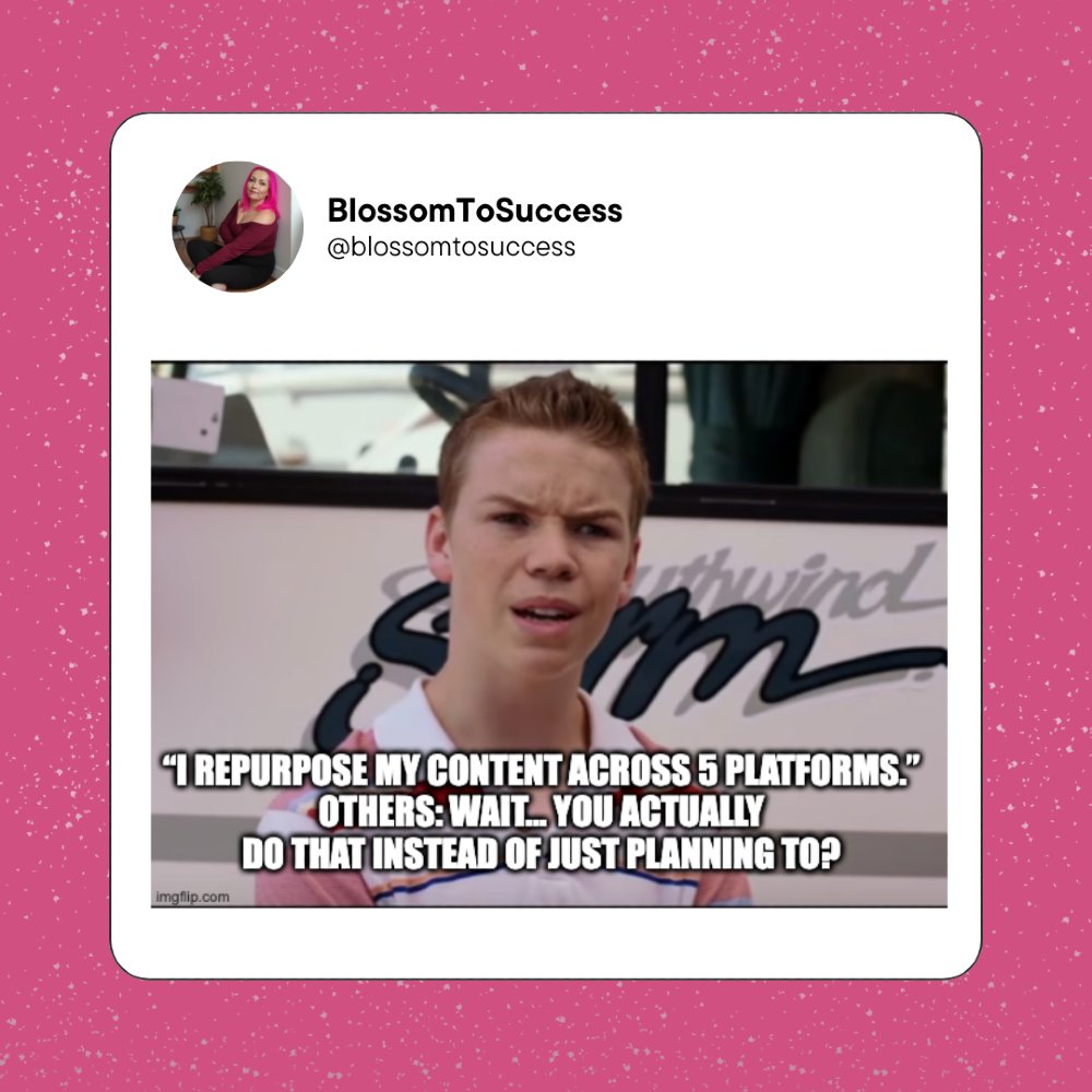 BlossomToSucces's tweet image. Planning to repurpose content: ✍️
Actually repurposing content: 🚀

The difference? One grows your reach. The other grows your dusty Google Docs folder.

Work smarter, not harder, love. 💡

#ContentRepurposing #WorkSmarterNotHarder #SocialMediaTips