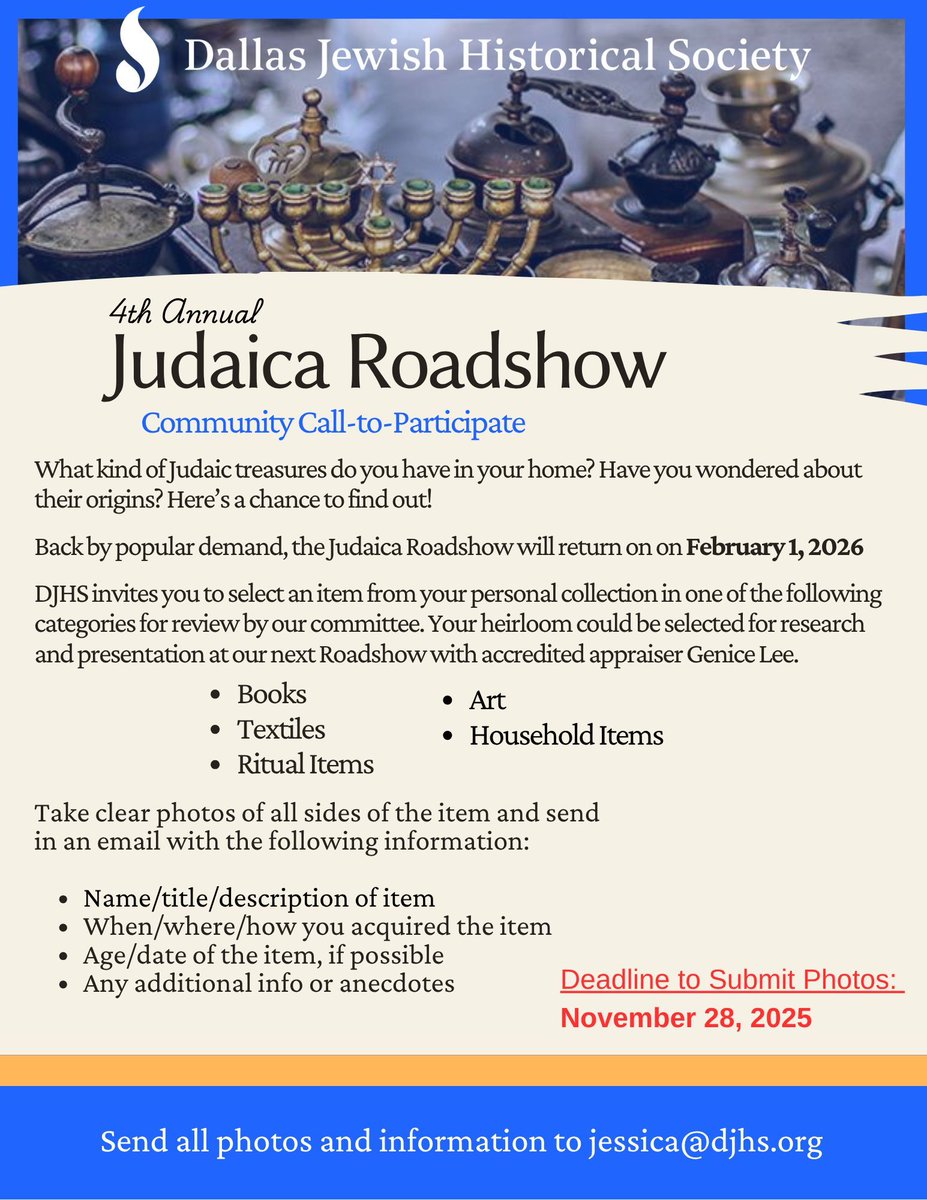 DJHS_now's tweet photo. While you're visiting with family this week,  look on your shelves, in grandma's boxes in the closet, and anywhere else you store or style your prized Judaica. Would it be a good fit for the Roadshow?! Let's find out! Send photos &amp; details to jessica@djhs.org https://t.co/WS65mUHnon