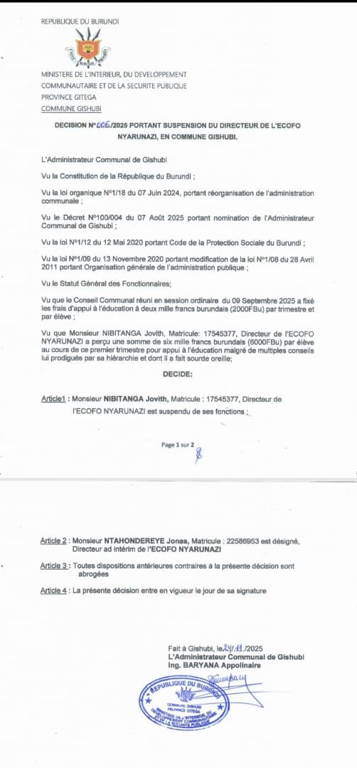 Le Ministre de l'éducation ne nomme t-il plus les directeurs des écoles au Burundi? 
Si oui, quid du parallélisme des formes? 
Si non, sur quelle base légale ça?