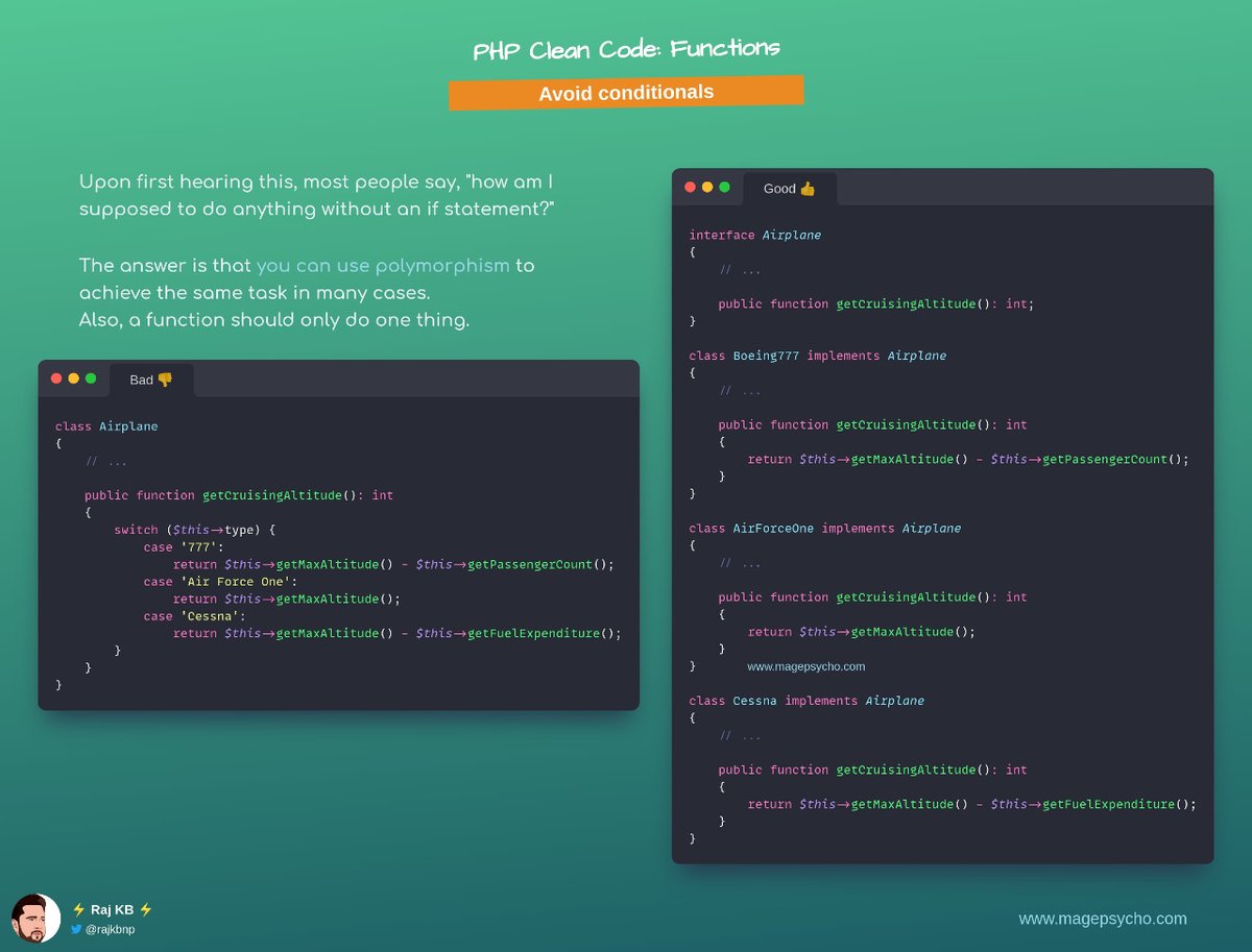 rajkbnp's tweet image. 1️⃣1️⃣ Clean Code Series: Functions📒🧑💻

☑️ Avoid conditionals

🔹You can use polymorphism to achieve the same task in many cases.
🔹Also, a function should only do one thing.

🐘 #PHP #Laravel #Symfony