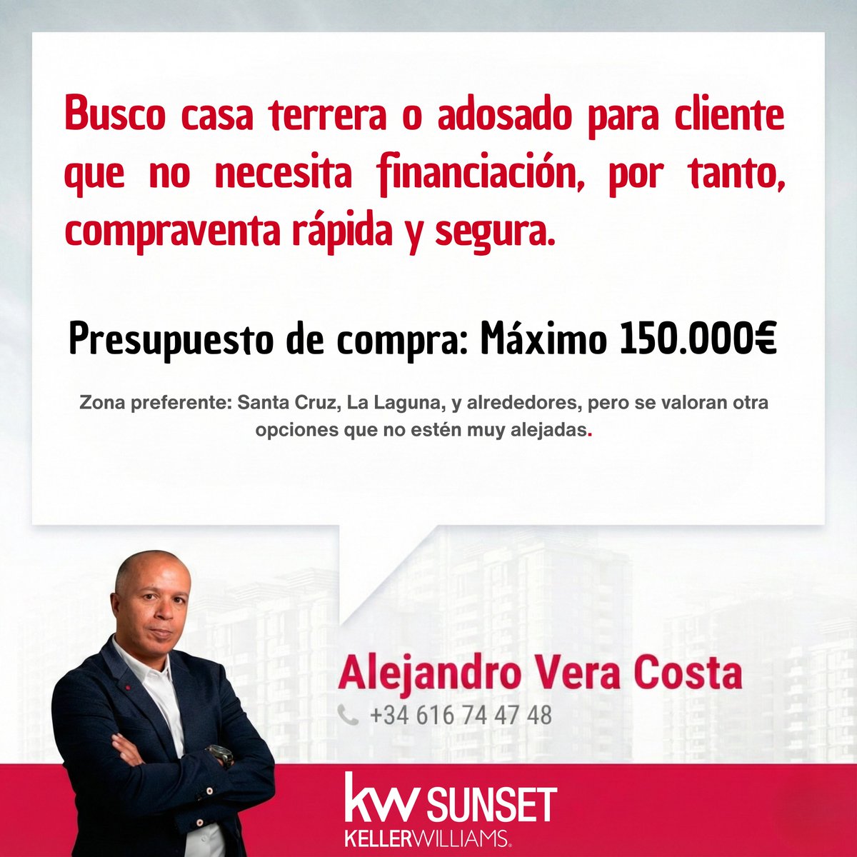 Si eres una agencia inmobiliaria o particular que quiere vender una propiedad con esas características no dudes en llamarme al ☎ 616 744 748 en horario de lunes a viernes de 9:00h a 19:00h.

Si lo prefieres también me puedes escribir un mensaje al 📲Whatsapp 

#AVCTFE #TENERIFE
