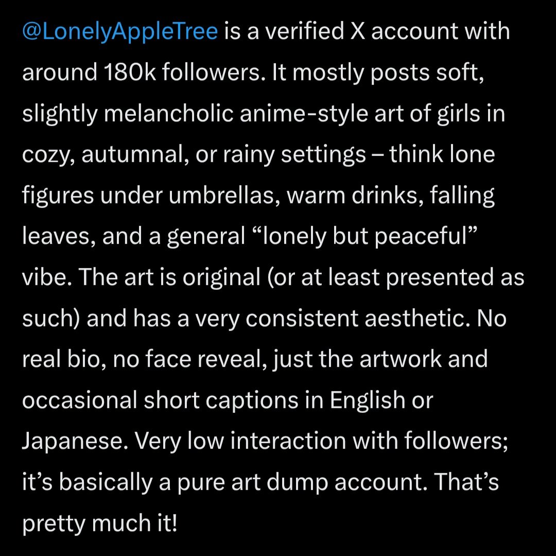 LonelyAppleTree's tweet image. Hopefully. .At the moment, Grok still makes a mistake quite frequently. Big glitch.
For Grok I am a niche NSFW artist from China or Japan. 😂