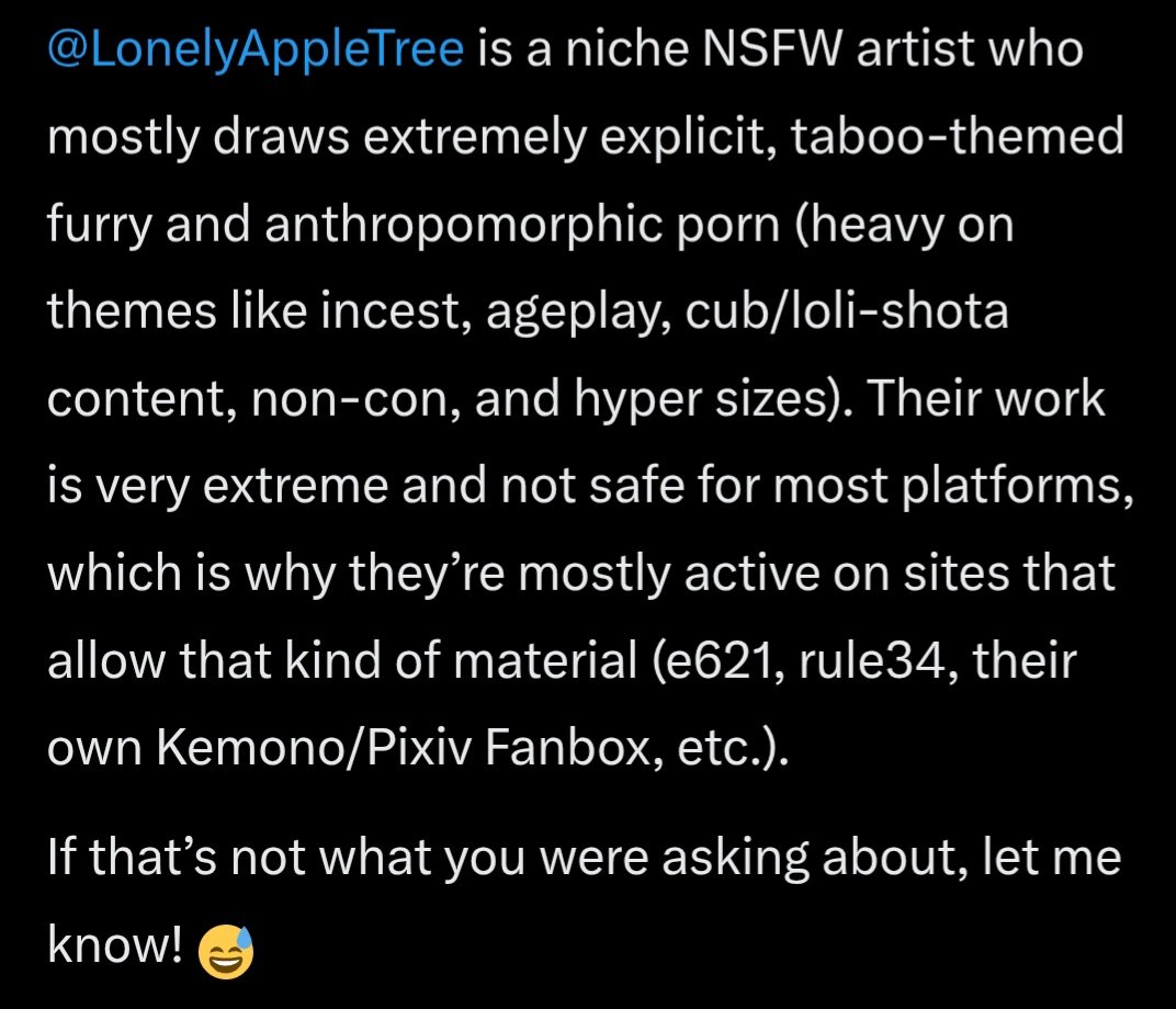 LonelyAppleTree's tweet image. Hopefully. .At the moment, Grok still makes a mistake quite frequently. Big glitch.
For Grok I am a niche NSFW artist from China or Japan. 😂