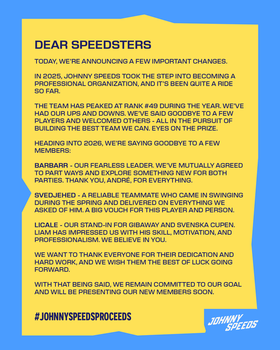 JohnnySpeedsCS's tweet image. CS2 Roster Update