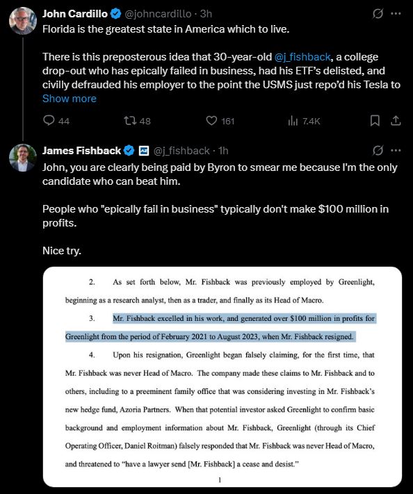 Here we have <a href="/j_fishback/">James Fishback</a> accusing <a href="/johncardillo/">John Cardillo</a> of all people of "clearly being paid" by <a href="/ByronDonalds/">Byron Donalds</a>

El oh el

#FlaPol