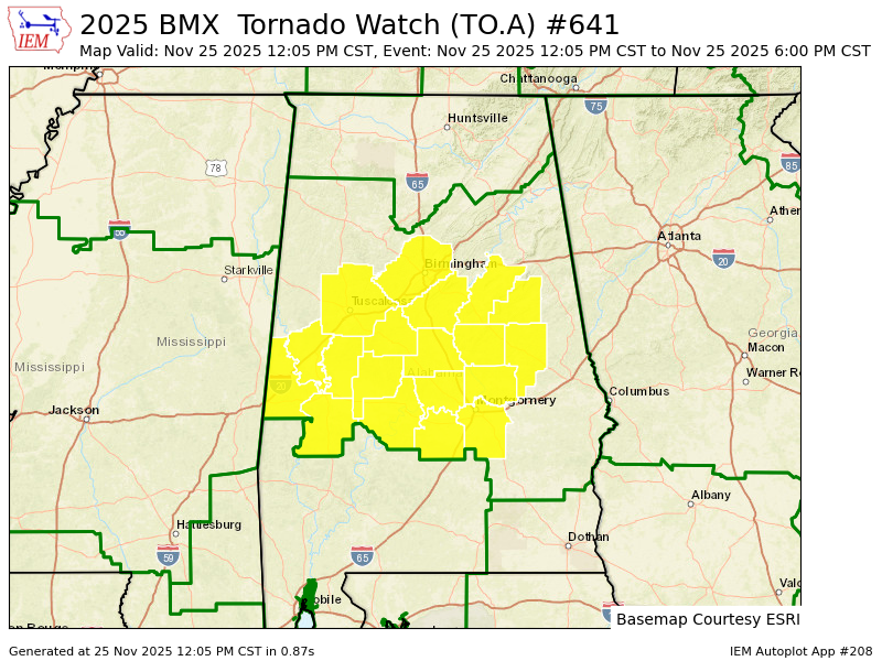 BMX issues Tornado Watch for Autauga, Bibb, Chilton, Clay, Coosa, Dallas, Elmore, Greene, Hale, Jefferson, Lowndes, Marengo, Montgomery, Perry, Shelby, Sumter, Talladega, Tallapoosa, Tuscaloosa [AL] till Nov 25, 6:00 PM CST mesonet.agron.iastate.edu/vtec/f/2025-O-…