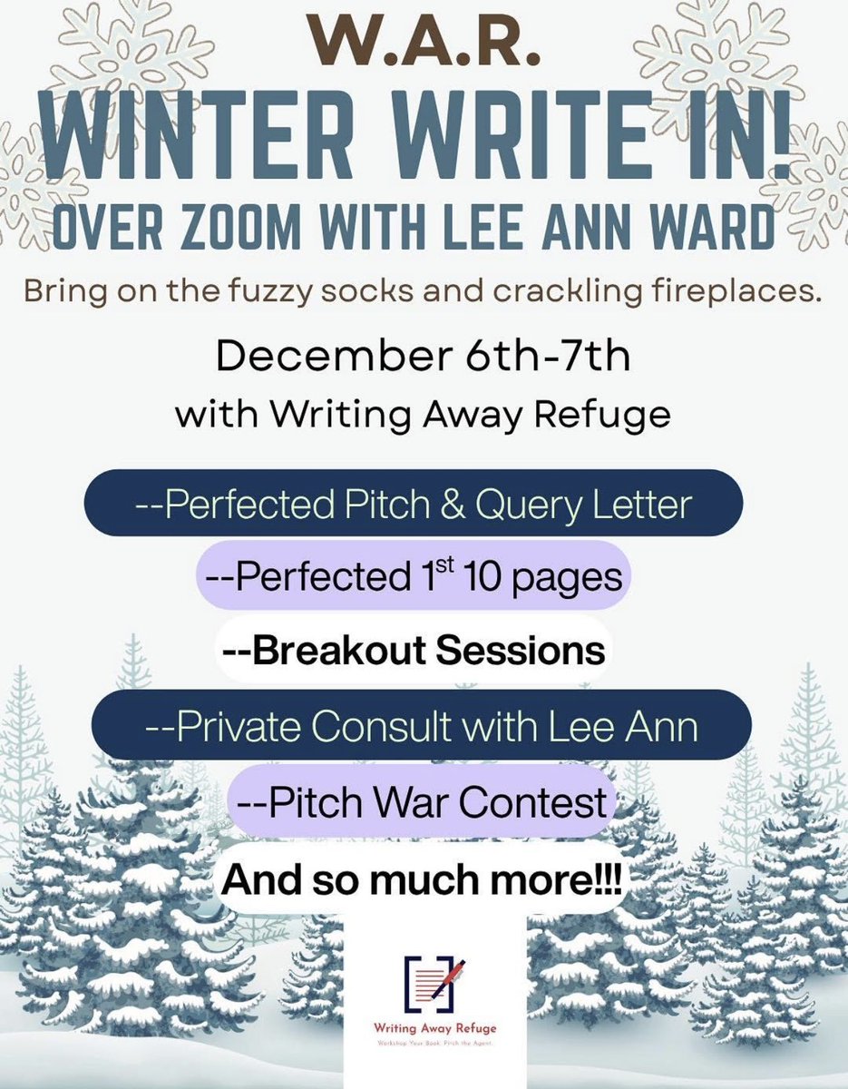 WritingRefuge's tweet image. Last call! ONLY 1 SPOT REMAINING…

Our amazing writing intensive, the W.A.R. Winter Write In, is one of our best events by far per attendees. Join us Sat. and Sun., December 6th-7th! 

This is a weekend writing intensive where you will

—Perfect your first 10 pages
—Perfect your…